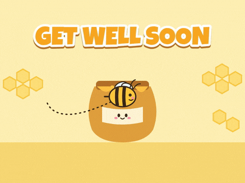 Get Well Soon Bee Well Honey Get well soon, bee well honey, a little bee looping around a smiling honey pot by golden honeycomb