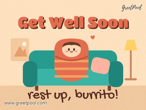 Get Well Soon Blanket Burrito Get well soon, rest up burrito, a smiling person wrapped in a striped blanket swaying on a teal couch