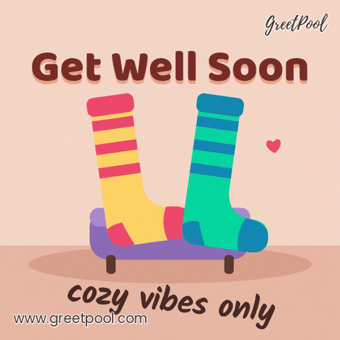 Get well soon, cozy vibes only, two fuzzy striped socks wiggling on a purple footstool with hearts