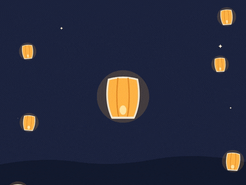 Get well soon in gold script with warm wishes as glowing paper sky lanterns drift up into the night