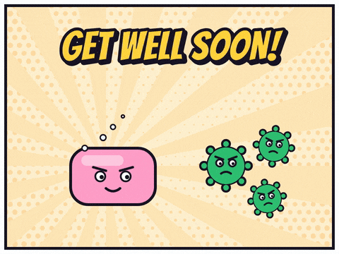 Get Well Soon Germs Be Gone Get well soon comic as a pink soap bar hero pops grumpy green germs into bubbles, germs be gone