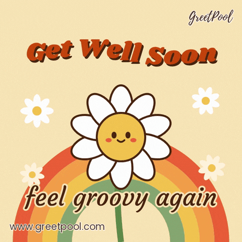 Get well soon, feel groovy again, a smiling daisy bouncing in front of retro 70s rainbow arcs