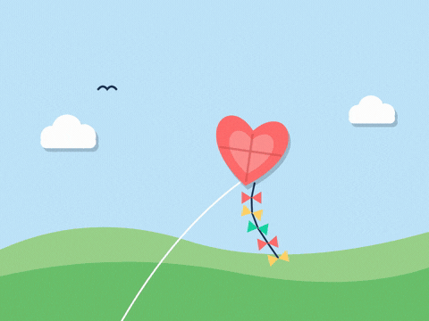 Get well soon, sending you a lift, a red heart kite with a bow tail dancing over paper-cut green hills