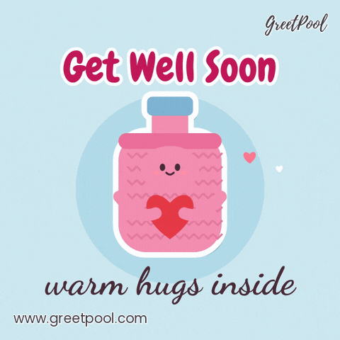 Get Well Soon Hot Water Bottle Get well soon, warm hugs inside, a pink knitted hot water bottle squeezing a red heart on light blue