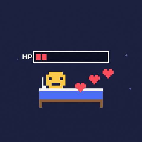 Get Well Soon Pixel Health Bar Get well soon in 8-bit letters as a pixel hero rests in bed and the health bar refills to HP full