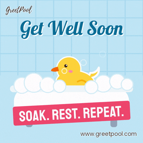 Get Well Soon Rubber Duck Bath Get well soon, soak, rest, repeat, a yellow rubber duck bobbing in a foamy white bubble bath