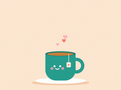 Get well soon smiling teal tea mug with pink hearts rising like steam on a soft peach background