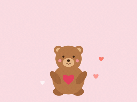 Sending hugs get well soon teddy bear hugging a red heart with small hearts floating on pink