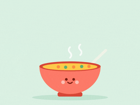 Warm wishes get well soon message above a smiling bowl of hot soup with curling steam
