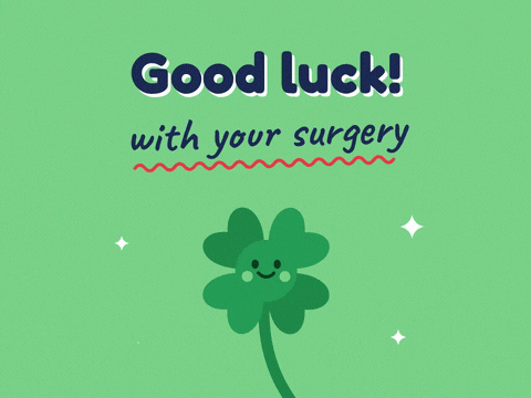 Good luck with your surgery message above a smiling four leaf clover swaying on a green background