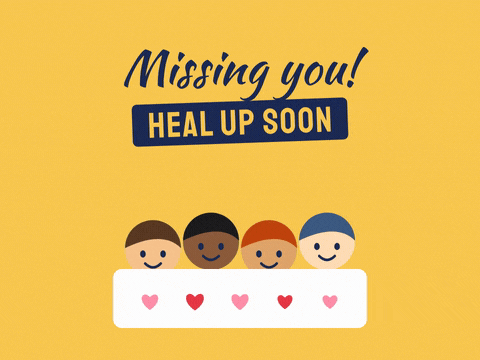 Heal Up Soon After Surgery Team Missing you, heal up soon message from four smiling teammates behind a banner of hearts