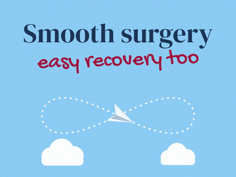 Smooth surgery and easy recovery wishes with a paper plane gliding a figure eight over clouds