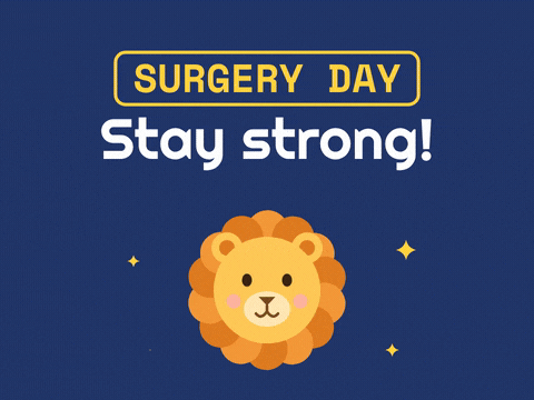 Stay strong surgery day wishes with a smiling lion and a turning orange mane on navy
