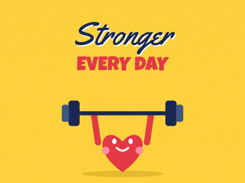 Stronger Every Day Recovery Heart Stronger every day recovery message with a red heart lifting a barbell on a yellow background