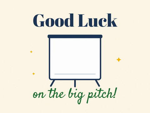 Good luck on the big pitch, a flip chart bar graph growing as a red arrow shoots up to a gold sparkle
