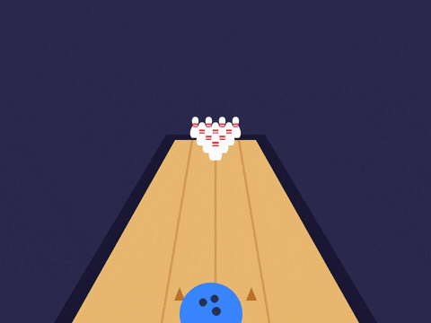 Good luck, go for the strike, as a blue bowling ball rolls down the lane and knocks every pin flying