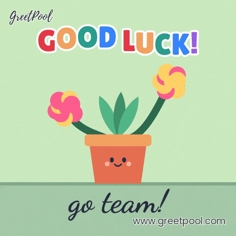 Good Luck Go Team Office Plant Good luck, go team, with a smiling office plant shaking pink and yellow pom-poms in colourful hopping letters