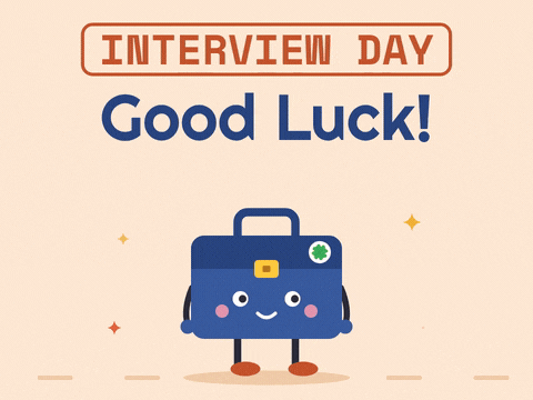 Good luck on interview day smiling blue briefcase walking confidently past gold sparkles