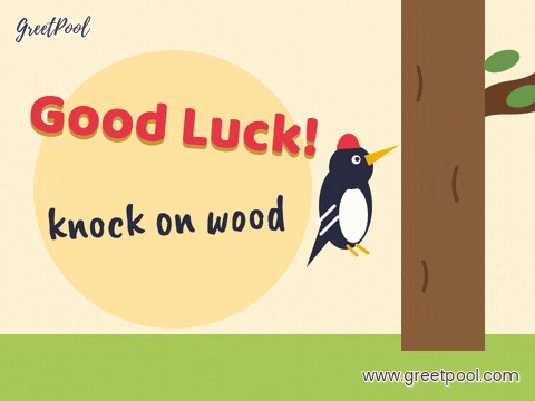 Good Luck Knock On Wood Good luck, knock on wood, as a little woodpecker taps a tree trunk and the red headline jolts with each knock