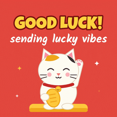 Good luck lucky cat waving its paw and holding a gold coin, sending lucky vibes on a red background