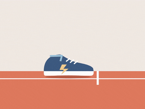 Good Luck On Your Marks Sneaker On your marks, good luck, with a blue sneaker crouching at the start line and sprinting on a red track