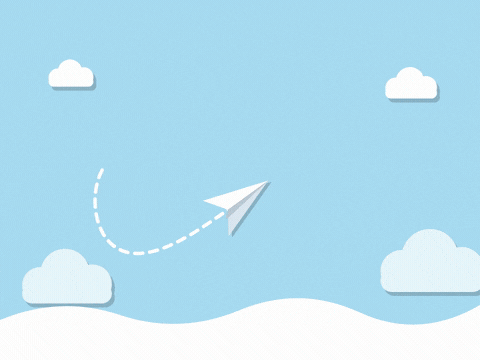 Good Luck Paper Plane Fly High Good luck, fly high, as a paper plane loops a dotted figure eight over paper-cut clouds in a blue sky