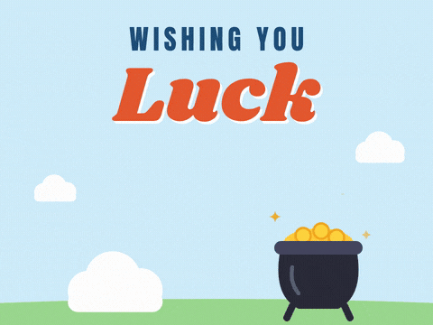 Good Luck Rainbow Pot Of Gold Wishing you luck rainbow arching from a cloud into a pot of gold with bouncing coins