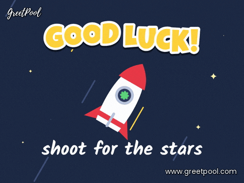 Good Luck Rocket Shoot For Stars Good luck, shoot for the stars, with a red and white rocket streaking up past yellow star trails on navy