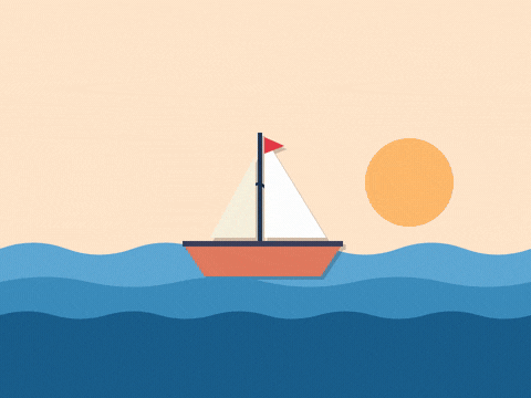 Good Luck Smooth Sailing Boat Good luck, smooth sailing ahead, with a paper-cut sailboat rocking over layered blue waves past an orange sun