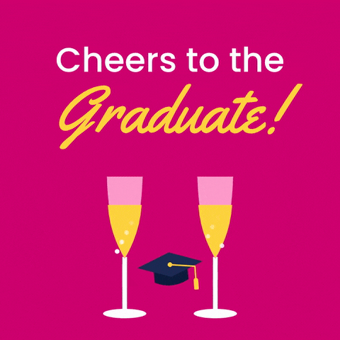 Cheers to the Graduate message with two champagne glasses clinking over a small graduation cap