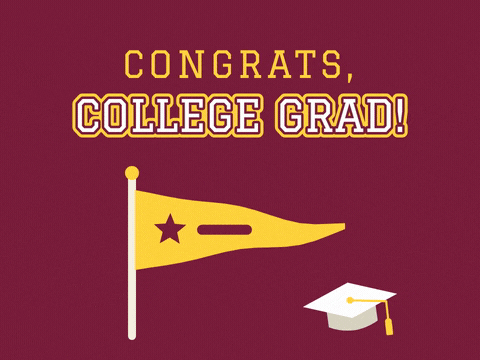 Congrats, College Grad message with a gold pennant flag waving and a white graduation cap on maroon