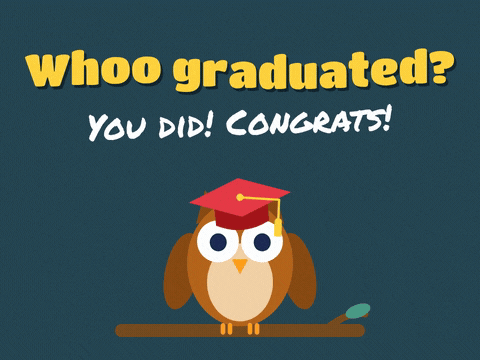 Whoo graduated? You did! Congrats message with an owl in a red graduation cap flapping on a branch