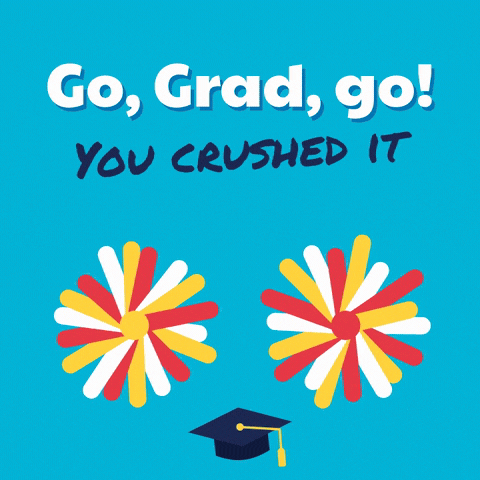Go, Grad, go, you crushed it message with two red and gold cheer pom-poms shaking