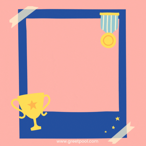 Animated graduation celebration GIF with graduate holding trophy