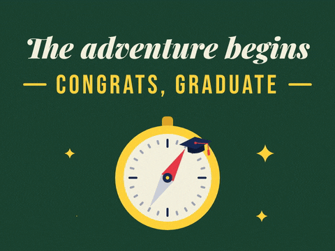 Graduation Adventure Begins Compass The adventure begins, congrats Graduate message with a gold compass needle swinging toward a cap
