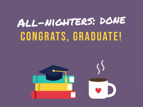 All-nighters done, congrats Graduate message with a cap on a stack of books and a steaming coffee mug