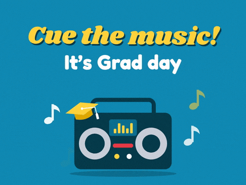 Cue the music, it's Grad day message with a bouncing boombox, floating notes and a gold cap