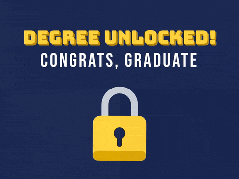 Degree unlocked graduation message with a gold padlock popping open and sparkles on a navy background