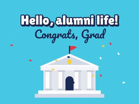 Hello alumni life, congrats Grad message with a white college hall, waving red flag and falling confetti