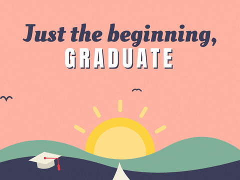 Graduation Just The Beginning Sunrise Just the beginning, Graduate message with a sun rising over green hills and birds flying past