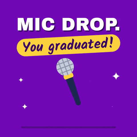 Mic drop, you graduated message with a microphone falling and bouncing on the floor on purple