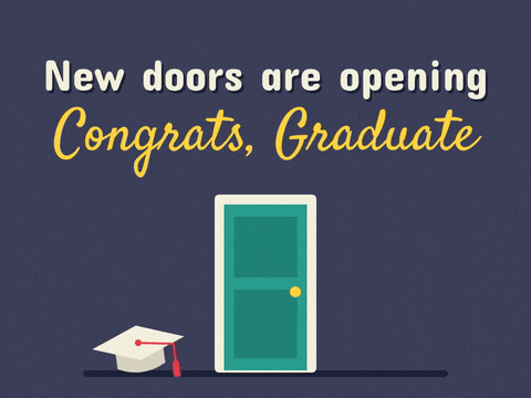 Graduation New Doors Opening New doors are opening, congrats Graduate message with a teal door swinging open onto golden light
