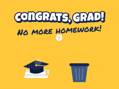 Congrats Grad, no more homework message with paper balls flying into a bin beside a graduation cap on a stack of papers