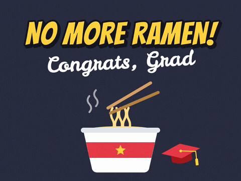 No more ramen, congrats Grad message with chopsticks lifting noodles from a steaming cup