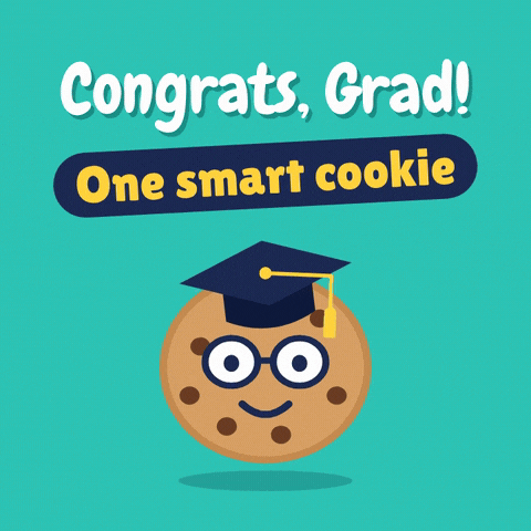 Congrats Grad, one smart cookie message with a bouncing cookie wearing glasses and a graduation cap