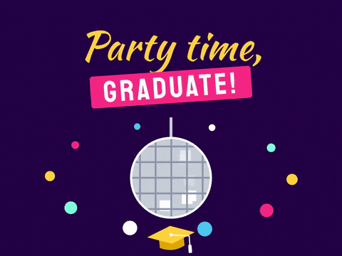 Party time, Graduate message with a spinning disco ball, coloured lights and a gold graduation cap
