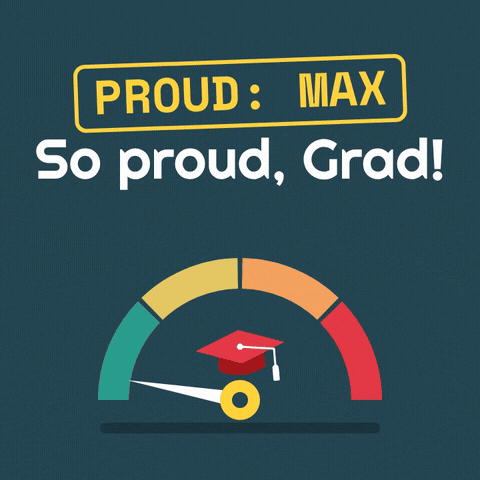 Graduation Proud Meter Max So proud, Grad message with a pride gauge needle swinging to maximum and a red graduation cap