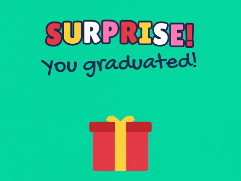 Surprise, you graduated message with a graduation cap springing out of a red gift box with confetti