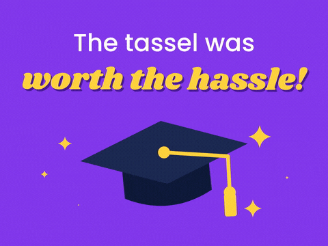 The tassel was worth the hassle graduation message with a big cap and swinging gold tassel on purple