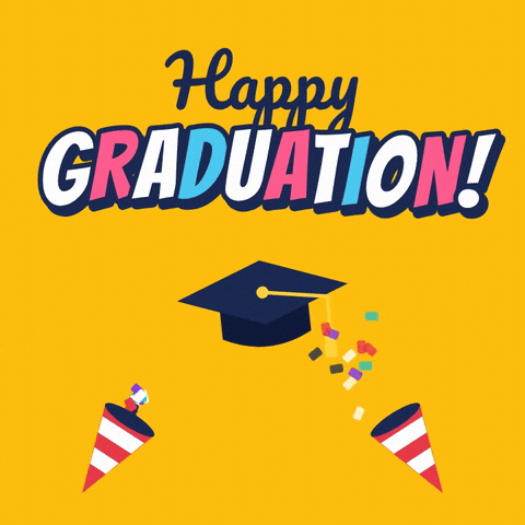 Happy Graduation message with a navy cap and two striped party poppers firing confetti on yellow